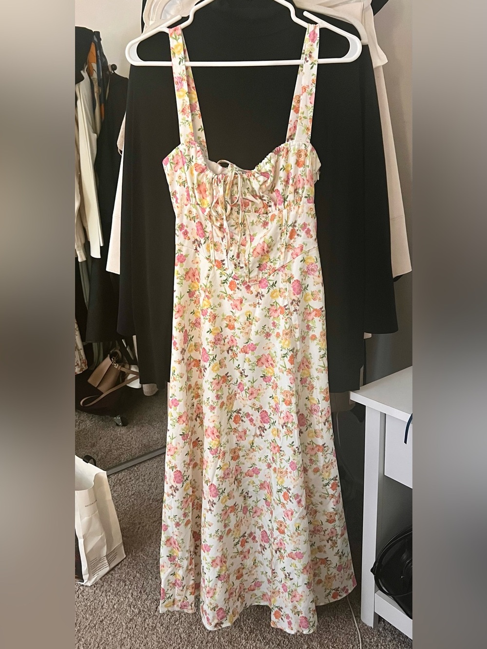 Commense White Midi Dress with Pink & Yellow Floral Print